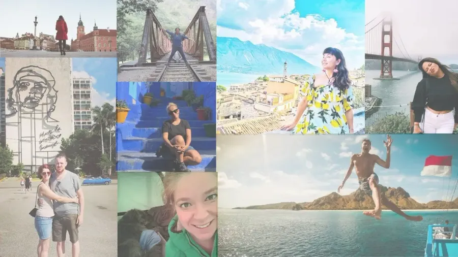 Collage de fotos de viajeros sordos en distintos lugares del mundo