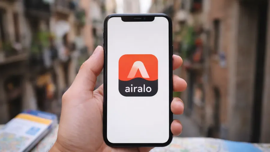 Mano sosteniendo un iPhone con el logo de la app de Airalo en pantalla, en una calle europea durante un viaje