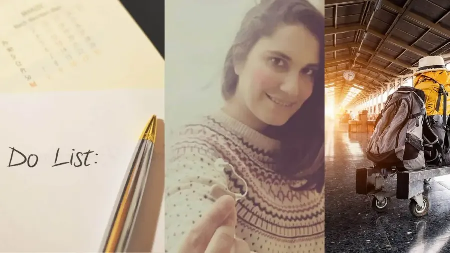 Retrato de una mujer sonriendo junto a una lista de equipaje y un andén de fondo