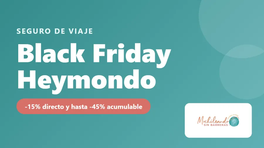 Portada con el texto «Black Friday Heymondo: -15% directo y hasta -45% acumulable» sobre fondo verde azulado y el logo de Mochileando sin Barreras