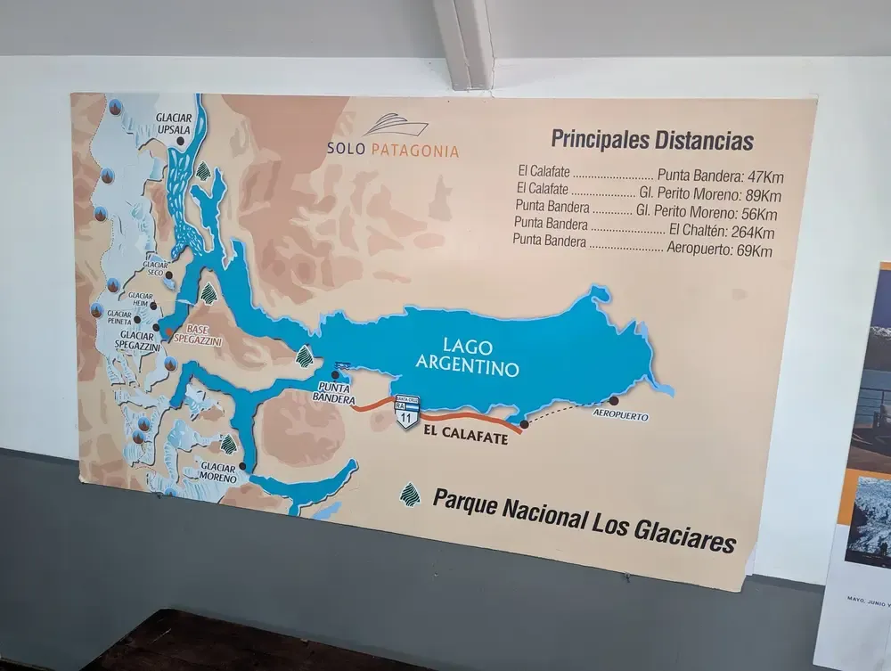 Mapa del recorrido navegación glaciares Lago Argentino desde Punta Bandera – Parque Nacional Los Glaciares