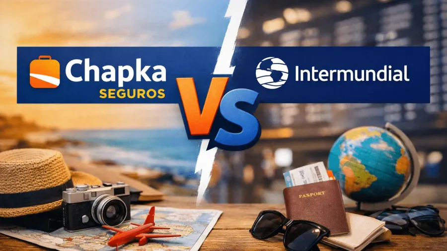 Comparativa visual Chapka vs Intermundial con los logos de ambas aseguradoras sobre un banner azul con un 'VS' en el centro; a la izquierda un sombrero de paja, una cámara y un mapa con un avión de juguete sobre un atardecer en la playa, y a la derecha un pasaporte, gafas de sol y un globo terráqueo sobre el panel de salidas de un aeropuerto