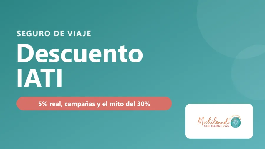 Portada con el texto «Descuento IATI: 5% real, campañas y el mito del 30%» sobre un fondo verde azulado y el logo de Mochileando sin Barreras