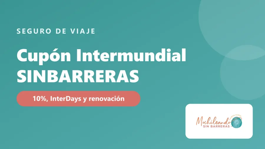 Portada con el texto «Cupón Intermundial SINBARRERAS: 10% y InterDays» sobre fondo verde azulado y el logo de Mochileando sin Barreras