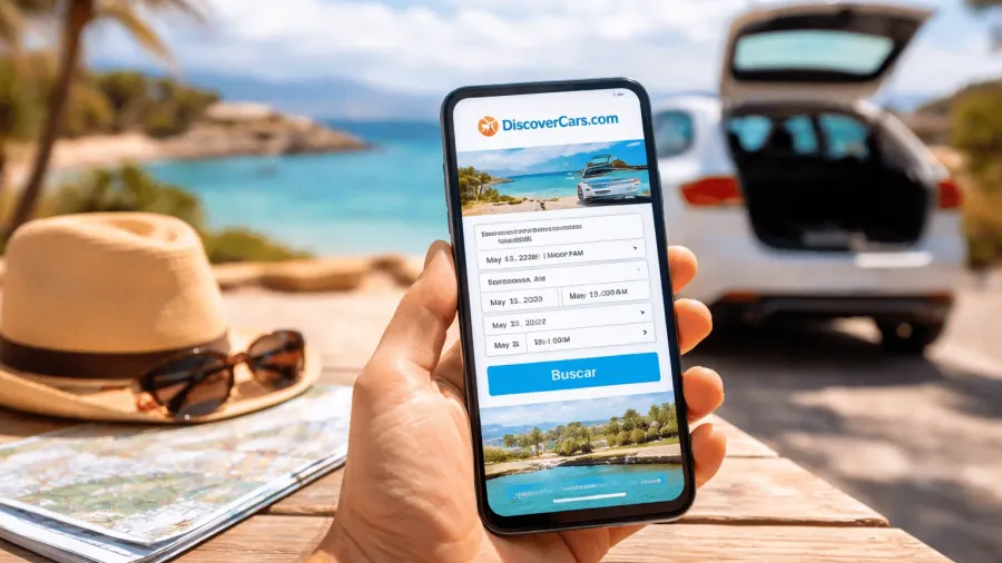 Mano sosteniendo un móvil con la web de DiscoverCars.com abierta en el buscador de alquiler de coches, con una playa, un coche blanco con el maletero abierto, un sombrero de paja, gafas de sol y un mapa de carreteras al fondo