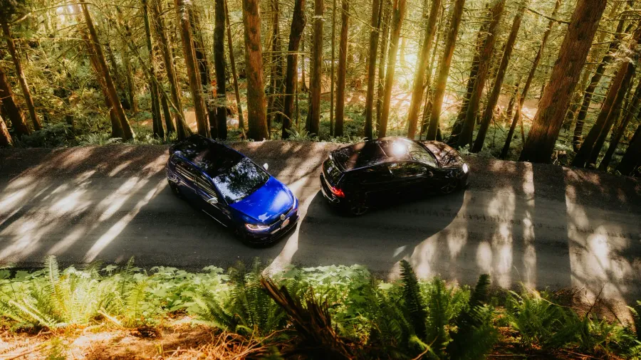 Dos coches de alquiler enfrentados en una carretera de bosque, vistos desde arriba, representando la comparativa entre plataformas de alquiler de coches