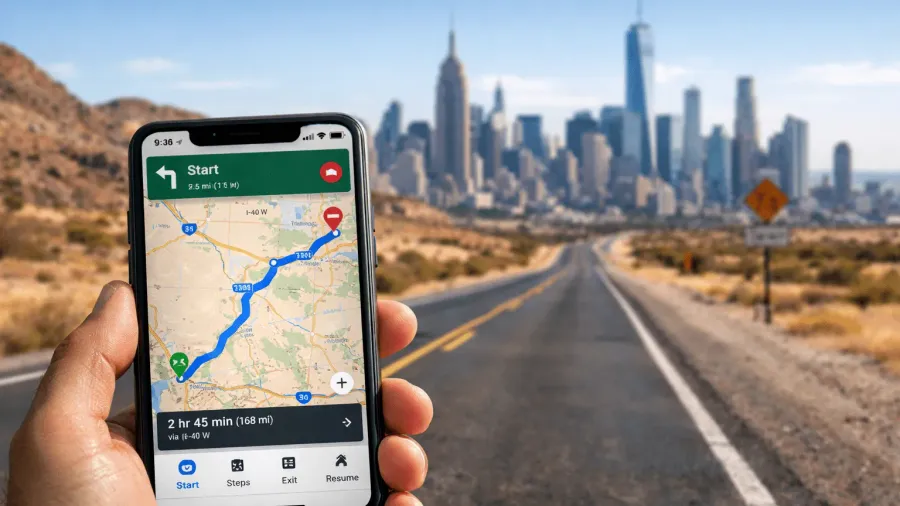 Mano sosteniendo un móvil con Google Maps y una ruta en pantalla, con una carretera del desierto y el skyline de una gran ciudad estadounidense al fondo