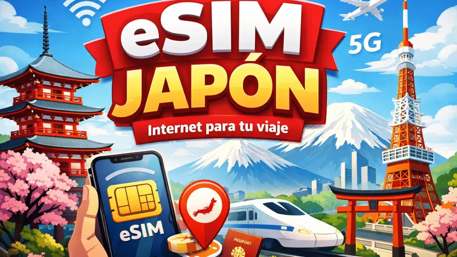 Mano sosteniendo un móvil con una eSIM en pantalla, con una pagoda, el monte Fuji, la Torre de Tokio y un tren bala de fondo, bajo el texto «eSIM Japón: Internet para tu viaje»