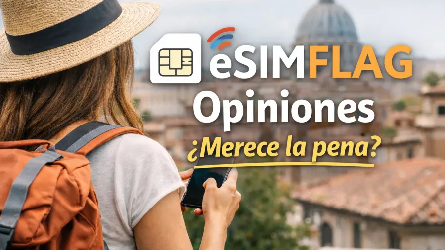 Viajera con sombrero y mochila mirando el móvil ante una ciudad histórica, con el texto «eSIMFLAG opiniones: ¿merece la pena?»