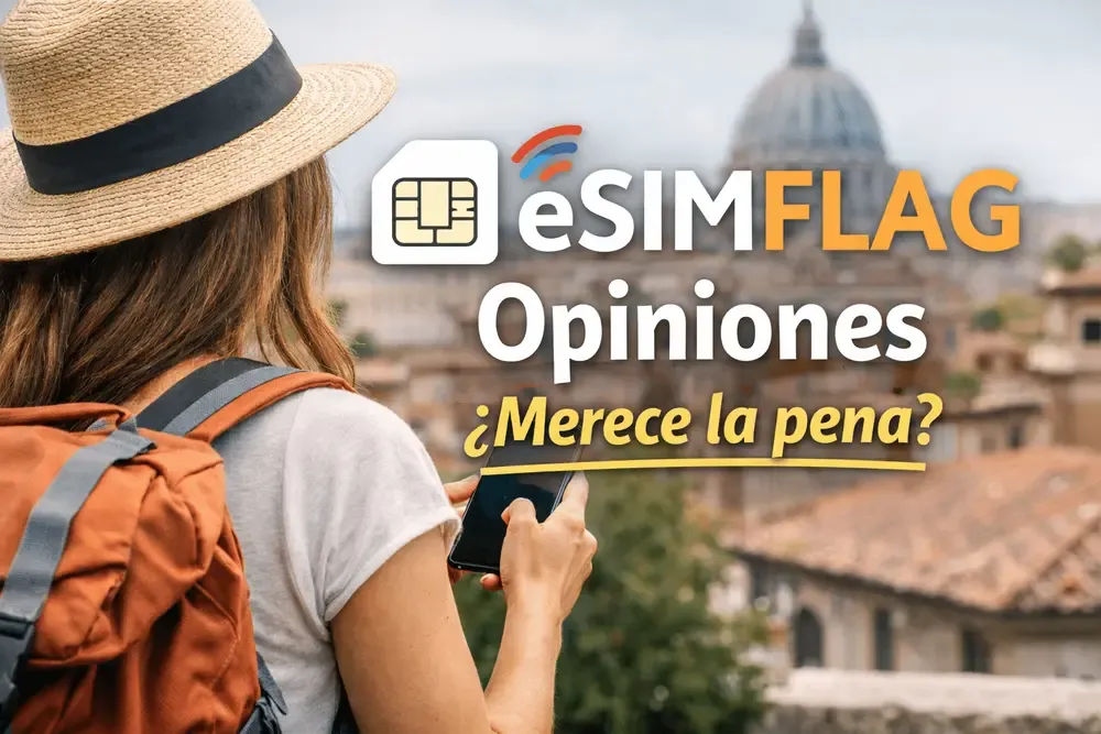 Viajera consultando el móvil con una eSIM para viajar y texto eSIMFLAG opiniones