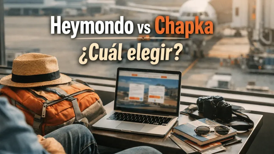 Portada de la comparativa Heymondo vs Chapka con el texto '¿Cuál elegir?' sobre una ventana de aeropuerto con un avión, y en primer plano un portátil, una mochila naranja con sombrero de paja, una cámara, gafas de sol y pasaportes sobre una mesa