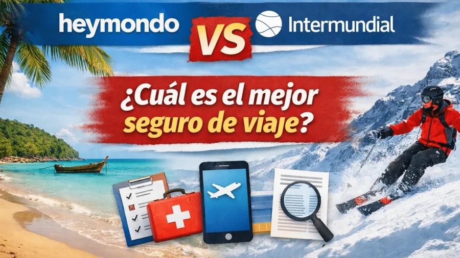 Comparativa visual Heymondo vs Intermundial con los logos de ambas aseguradoras sobre un 'VS' rojo y el texto '¿Cuál es el mejor seguro de viaje?', con una playa tropical a la izquierda, un esquiador en la nieve a la derecha y, en el centro, un móvil con un avión, un botiquín, una lista de verificación y un documento con lupa