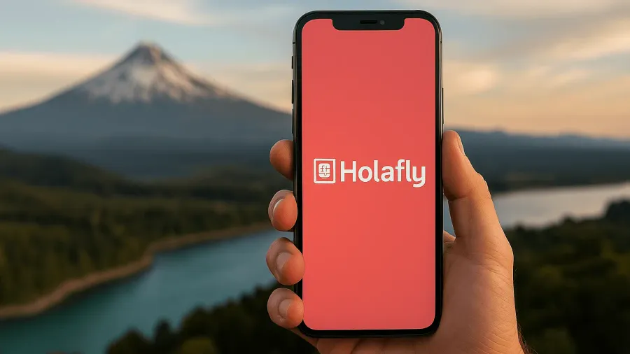Mano sosteniendo un móvil con la app de Holafly en pantalla, con un volcán nevado y un lago al atardecer de fondo