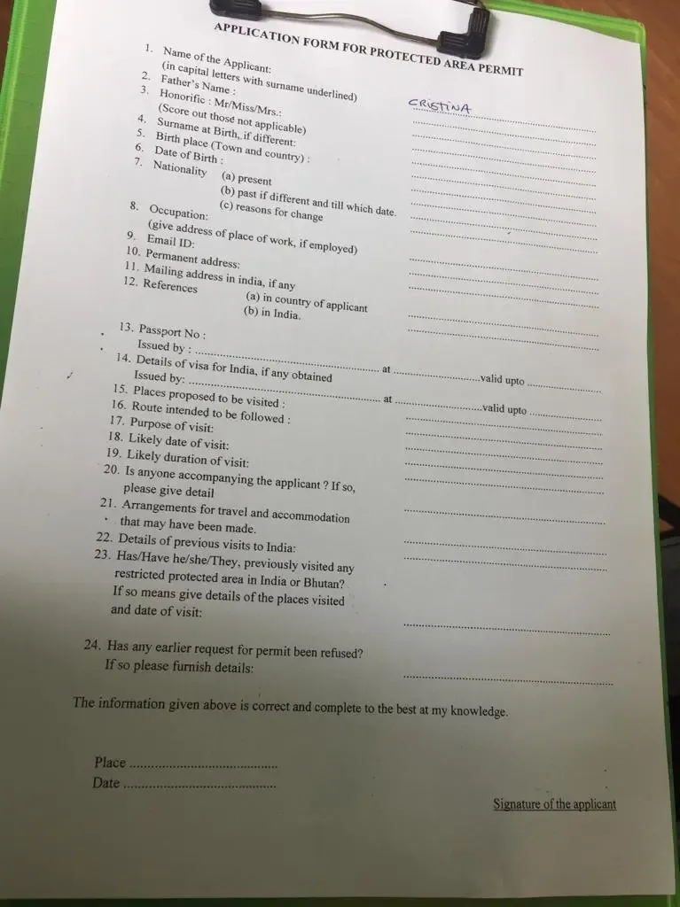Formulario de solicitud permiso Arunachal Pradesh
