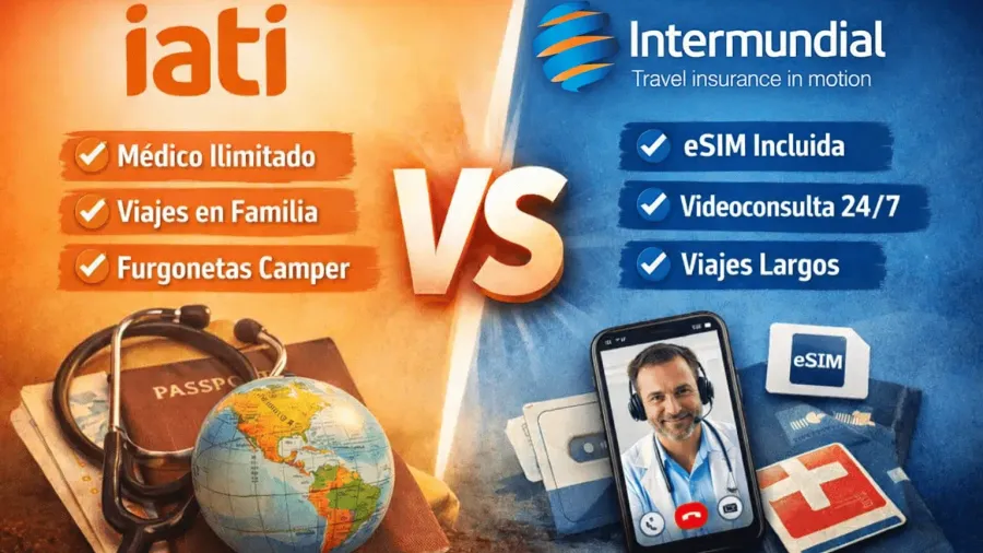 Comparativa visual IATI vs Intermundial dividida en dos mitades: a la izquierda, en naranja, el logo de IATI con las etiquetas 'Médico ilimitado', 'Viajes en familia' y 'Furgonetas camper' sobre un estetoscopio, un pasaporte y un globo terráqueo; a la derecha, en azul, el logo de Intermundial con 'eSIM incluida', 'Videoconsulta 24/7' y 'Viajes largos' junto a un móvil con una videollamada médica y una tarjeta eSIM