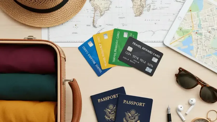 Cuatro tarjetas de viaje de colores (azul, amarilla, verde y negra) sobre una mesa con un mapamundi, una maleta con ropa doblada, un sombrero de paja, una tablet con un mapa, gafas de sol, auriculares, una brújula, una pluma y dos pasaportes