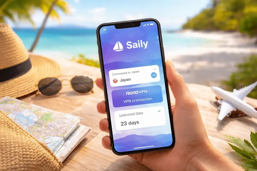 persona usando smartphone con conexión eSIM durante un viaje en la playa