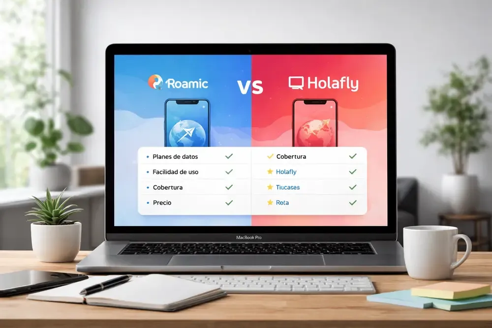 Comparativa de eSIM Roamic vs Holafly mostrada en la pantalla de un portátil sobre un escritorio moderno