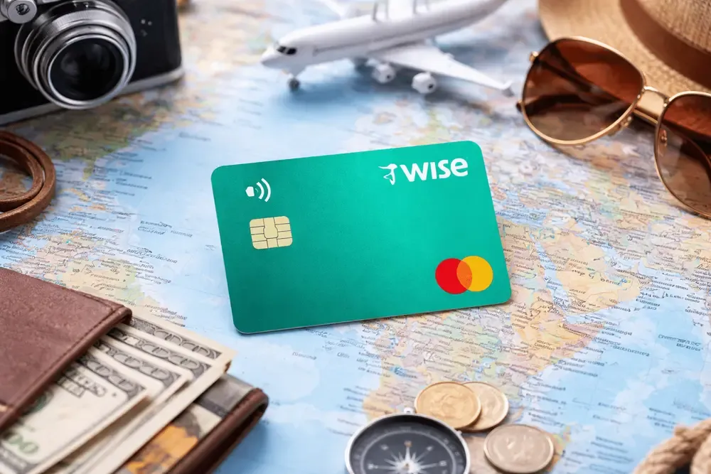 Tarjeta Wise sobre mapa del mundo con dinero, cámara y accesorios de viaje