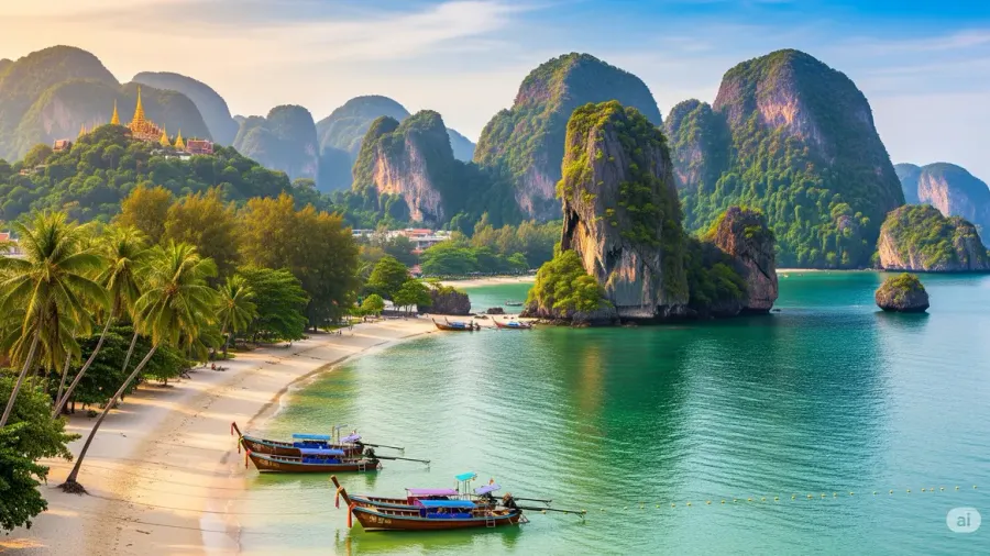 Playa tropical con barcas de cola larga y acantilados de roca caliza en Tailandia
