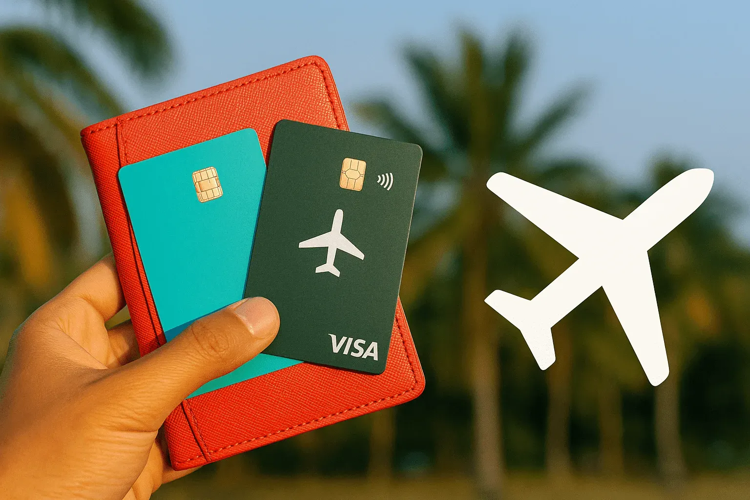 Mano sosteniendo dos tarjetas de viaje, una turquesa y otra verde oscura Visa con un avión, sobre una cartera roja, con palmeras al fondo y un avión blanco a la derecha