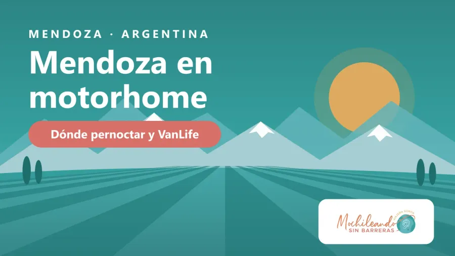 Ilustración de viñedos con los Andes nevados al fondo y el texto «Mendoza en motorhome: dónde pernoctar y VanLife»
