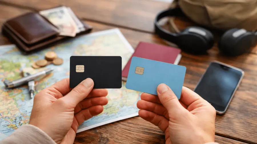 Dos manos sosteniendo una tarjeta negra y otra azul claro sobre una mesa de madera con un mapa, una cartera con billetes, monedas, un pasaporte, auriculares, una mochila y un móvil