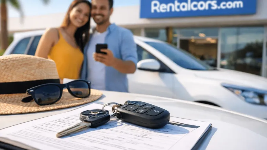 Una pareja sonriente mirando el móvil junto a un coche blanco frente a una oficina de Rentalcars.com, con unas llaves de coche sobre el contrato de alquiler, un sombrero de paja y unas gafas de sol en primer plano