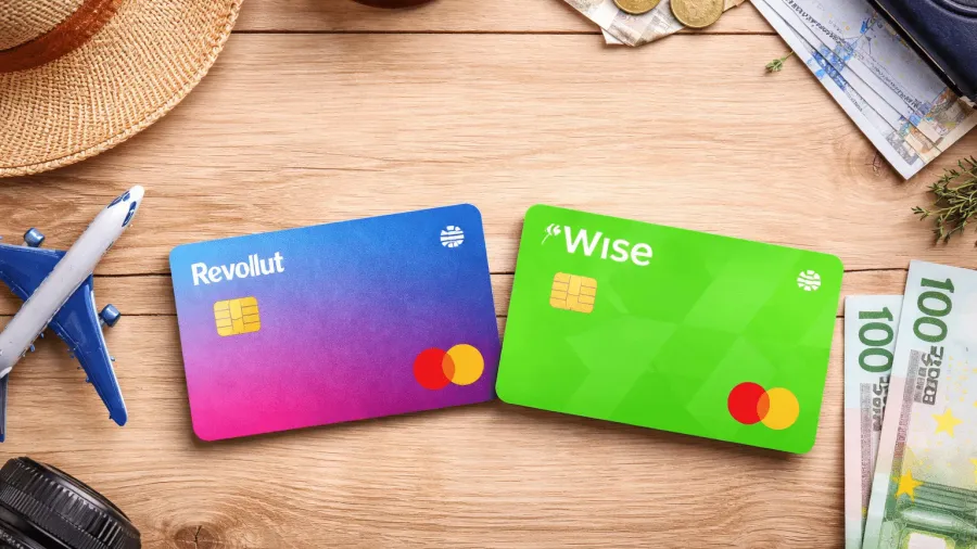 Una tarjeta Revolut azul y rosa junto a una tarjeta Wise verde sobre una mesa de madera, rodeadas de un sombrero de paja, un avión de juguete, monedas, billetes de 100 euros, una cámara y un pasaporte