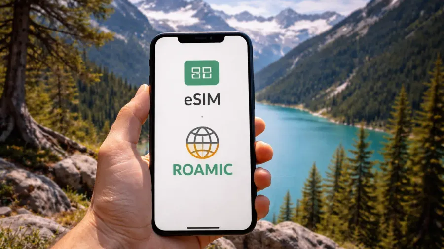 Mano sosteniendo un móvil con la eSIM de Roamic en pantalla, con un lago de montaña al fondo