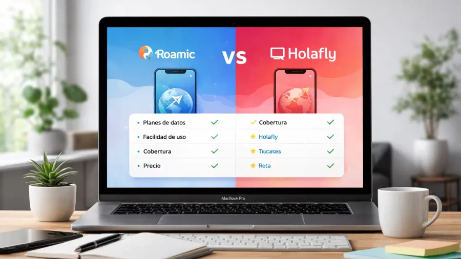 Portátil sobre un escritorio mostrando una comparativa de Roamic vs Holafly con sus planes de datos, junto a plantas, una libreta y una taza de café