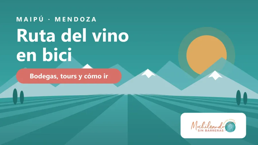 Ilustración de viñedos con los Andes al fondo y el texto «Ruta del vino en bici: Maipú, bodegas, tours y cómo ir»