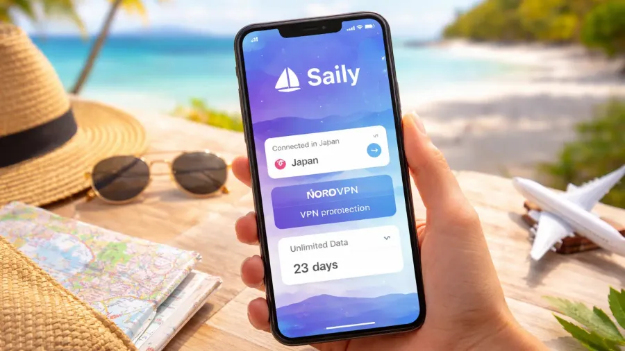 Mano sosteniendo un móvil con la app de Saily activa (conexión en Japón, NordVPN y datos ilimitados) junto a un sombrero, gafas de sol y un mapa sobre una mesa de madera en la playa