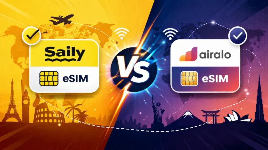 Comparativa visual entre Saily y Airalo eSIM con diseño dividido en amarillo y azul, mostrando los logos de ambas apps sobre siluetas de monumentos como la Torre Eiffel, el Coliseo, la Estatua de la Libertad y la Ópera de Sídney, con un avión y líneas de ruta de fondo