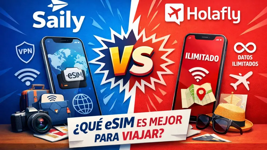 Comparativa visual entre Saily y Holafly eSIM con diseño dividido en azul y rojo, un móvil con mapa mundial y eSIM junto a maleta y cámara para Saily, y un móvil con datos ilimitados y mapa junto a sombrero y gafas de sol para Holafly, con un VS central y el texto '¿Qué eSIM es mejor para viajar?'