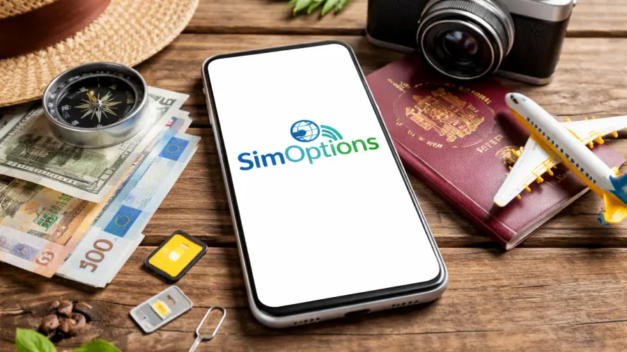 Móvil con la app de SimOptions en pantalla junto a una SIM, un pasaporte y accesorios de viaje sobre una mesa de madera