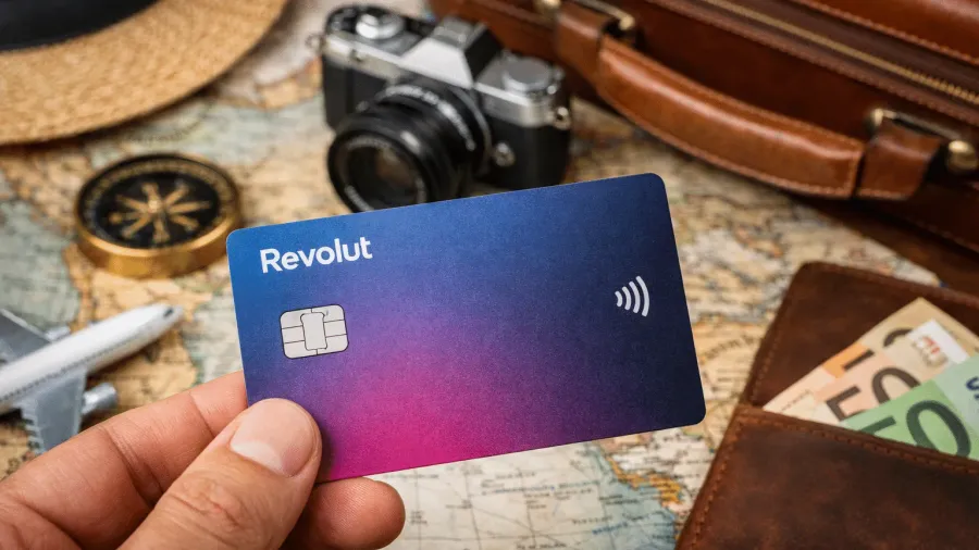 Mano sosteniendo una tarjeta Revolut azul y rosa sobre un mapa antiguo, junto a una brújula, una cámara de fotos, un sombrero de paja, una maleta de cuero, un avión de juguete y una cartera con billetes de euro
