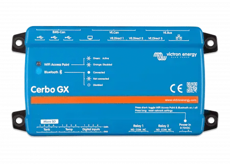 Equipo Victron Cerbo GX de color azul con sus conectores